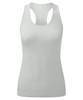 A white seamless tank vest with a racerback design and a simple logo on the side.