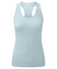 A light blue sport vest with a seamless design and racerback style. It features a logo on the fabric.