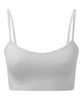 A white seamless sport flex bra with thin straps and a fitted design. It features a logo on the band.