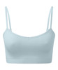 A light blue seamless sport bra with thin straps and a soft fabric, featuring a branding logo.