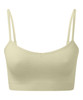 A light yellow, seamless sports bra with thin straps and a fitted design. It features a logo on the side.