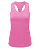A pink slim racerback vest made from recycled materials, featuring a stylish design and a logo.