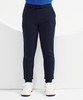 Navy blue kids' joggers with a drawstring waist and ribbed cuffs, displayed against a minimalist background.