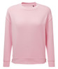 A pink recycled sweatshirt with a relaxed fit and long sleeves. Features a simple design and a logo.
