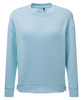 A light blue sweatshirt with a relaxed fit, featuring long sleeves and a logo on the front.