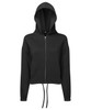 A black recycled drawstring full-zip hoodie featuring a hood and a front zipper, with a logo on the design.