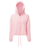 A pink, recycled drawstring full-zip hoodie with a hood and front pockets, featuring a logo.