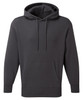 A unisex hoodie in charcoal grey, featuring a front pocket and a hood, with a logo on it.