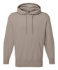A unisex recycled hoodie in a light beige colour, featuring a front pocket and a drawstring hood.