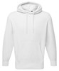 A white unisex recycled hoodie featuring a front pocket and drawstring hood. It has a logo on the front.