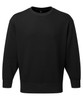 A black unisex sweatshirt with long sleeves and a crew neck, featuring a logo on the front.