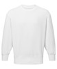 A white unisex recycled sweatshirt with long sleeves and a crew neckline, featuring a logo.