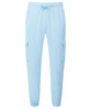Light blue unisex cargo joggers with side pockets and elastic cuffs. Features a drawstring waistband and a logo.