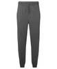 Unisex recycled joggers in dark grey with an elastic waistband and cuffs, featuring a logo.