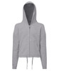 A grey cropped oversize full-zip hoodie with a hood and front pockets. It features a logo on the design.
