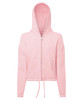 A pink cropped oversized full-zip hoodie featuring a hood, long sleeves, and a drawstring at the hem. It has a logo.