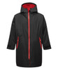 A black waterproof changing robe with a red interior and zippers, featuring a hood and two side pockets.
