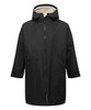 A black waterproof changing robe with a hood and zip, featuring two front pockets and a soft interior lining.