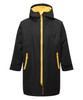 A black waterproof changing robe with a yellow lining and zip, featuring pockets and a hood.