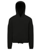 A black cropped oversized hoodie featuring a hood and elastic cuffs, with a logo on the front.