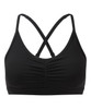 A black ruched sports bra with a cross-back design and a smooth, fitted appearance. It features a small logo.