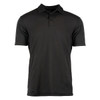 A black soft jersey polo shirt with a collar and short sleeves, featuring a logo on the chest.