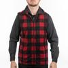 A red and black checkered fleece vest with a full zip, worn over a black long-sleeve shirt, featuring a logo.