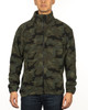 A full zip polar fleece jacket in a camouflage pattern, featuring a high collar and long sleeves.