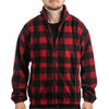 A full zip polar fleece jacket in a red and black checkered pattern, featuring a stand-up collar and side pockets.