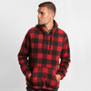 A red and black checkered pullover hoodie with a front pocket and a hood, featuring a logo.