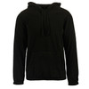A black pullover hoodie with a front pocket and adjustable drawstring hood. It features a logo on the front.
