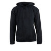 A black pullover hoodie featuring a front pocket and a drawstring hood. It has a logo on it.