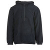 A black 1/4 zip polar fleece hoodie with a front pocket and a hood, featuring a logo.