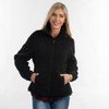 A black full zip polar fleece jacket featuring a zippered front and side pockets, worn by a model.
