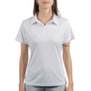 A white golf polo shirt with a collar, featuring short sleeves and a logo on the chest area.