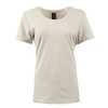 A scoop neck shirt in a light beige colour, featuring short sleeves and a simple design. It includes a branding label.