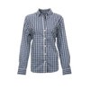 A blue and white checked stretched poplin shirt with a collar and buttons, featuring long sleeves and a logo.