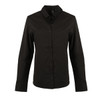 A black stretched poplin shirt with a button-up front and a collar, featuring long sleeves and a sleek design.