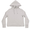 A light grey modest crop hoodie with a hood and drawstrings, featuring long sleeves and a simple design.