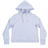 A light grey crop hoodie with a front pouch pocket and a drawstring hood. It has a logo on one sleeve.