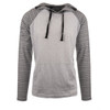 A yarn-dyed long sleeve knit hoodie in grey with striped sleeves and a front pocket. It features a hood and a brand logo.