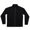 A black full zip jacket featuring a high collar and two front pockets. It has a logo on the chest.
