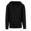 A black fleece pullover with a hood and front pocket. It features drawstrings and has a logo.
