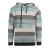 A fleece pullover in a striped pattern featuring shades of teal, grey, and cream, with a front pocket and hood.