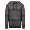 A fleece pullover in shades of blue, grey, and burgundy, featuring a hood and striped pattern.