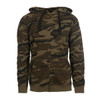 A camouflage patterned full zip hoodie in earthy tones, featuring a hood and a front zipper. It has a logo.