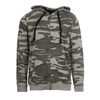 A grey camouflage full zip hoodie with a hood and drawstring, featuring dark accents and a logo.
