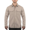 A light beige fleece snap jacket featuring a button-up front and two chest pockets. It has a logo on the sleeve.