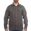 A grey fleece snap jacket featuring a collared neck and two chest pockets, worn by a model.