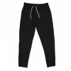 A pair of black soft jersey joggers with a drawstring waist and side pockets. The joggers have a logo.